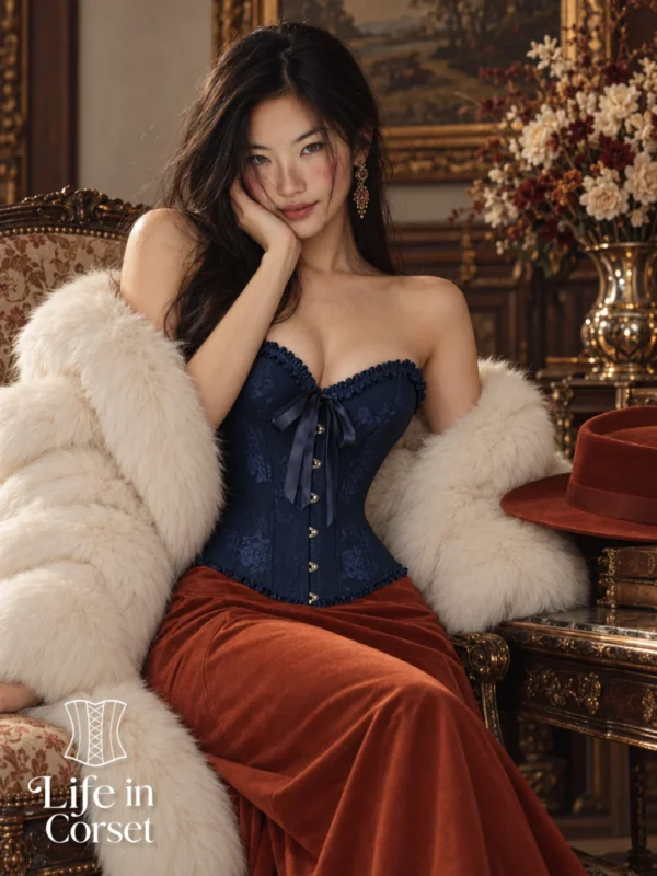 Corset bleu nuit élégant en jacquard fleuri