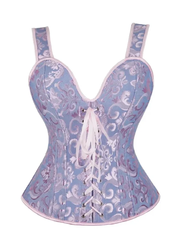 Corset bleu poudré et rose à motifs baroques (1) Corset bleu poudré et rose à motifs baroques
