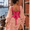 Corset bustier rose à lacets et bretelles larges