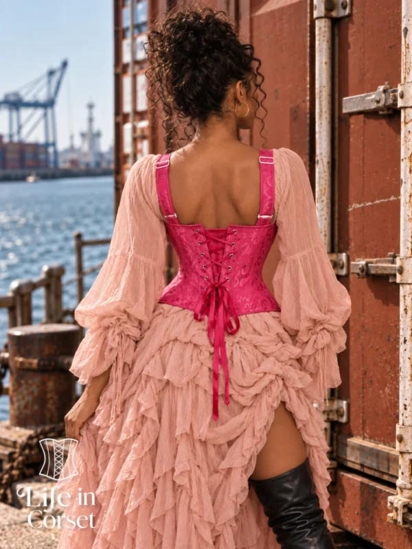Corset bustier rose à lacets et bretelles larges