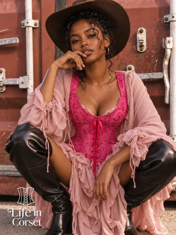 Corset bustier rose à lacets et bretelles larges