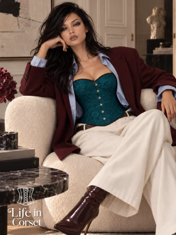 Corset chic bleu pétrole à décolleté cœur (vue assise) Corset chic bleu pétrole à décolleté cœur
