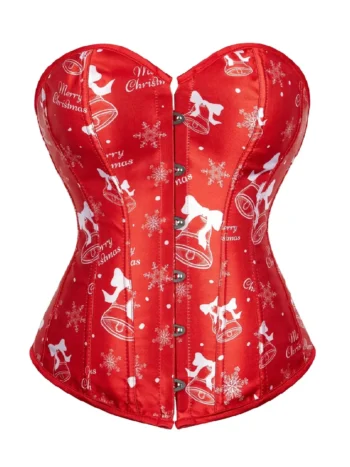Corset de Noël rouge satiné à motifs cloches (1) Corset de Noël rouge satiné à motifs cloches