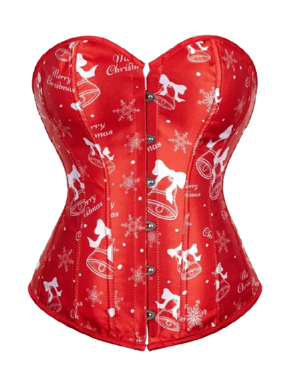 Corset de Noël rouge satiné à motifs cloches (1) Corset de Noël rouge satiné à motifs cloches