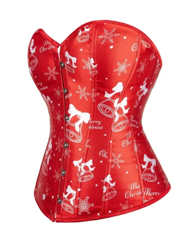 Corset de Noël rouge satiné à motifs cloches (2) Corset de Noël rouge satiné à motifs cloches