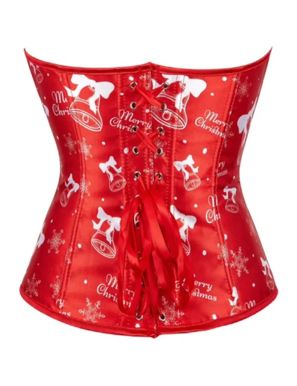 Corset de Noël rouge satiné à motifs cloches (3) Corset de Noël rouge satiné à motifs cloches