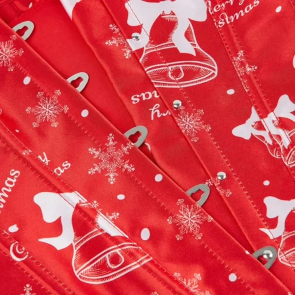 Corset de Noël rouge satiné à motifs cloches (4) Corset de Noël rouge satiné à motifs cloches