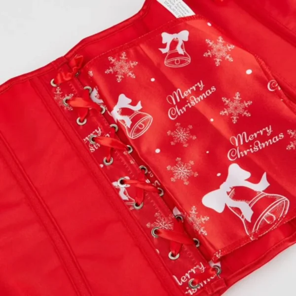 Corset de Noël rouge satiné à motifs cloches (5) Corset de Noël rouge satiné à motifs cloches