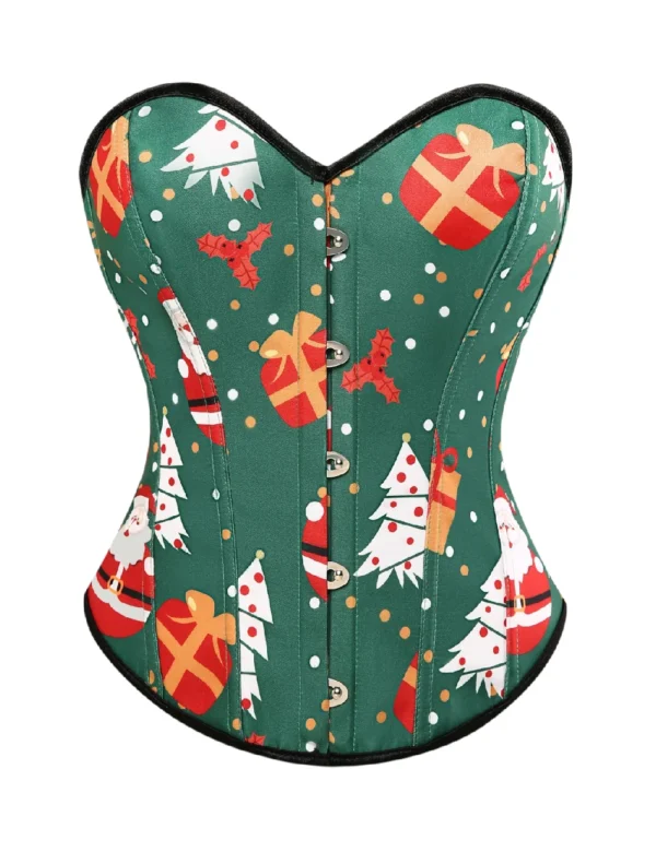 Corset de Noël vert à motifs Père Noël et cadeaux (1) Corset de Noël vert à motifs Père Noël et cadeaux