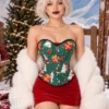 Corset de Noël vert à motifs Père Noël et cadeaux (vue de face) Corset de Noël vert à motifs Père Noël et cadeaux