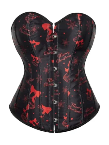 Corset de noël noir à imprimés rouges (1) Corset de noël noir à imprimés rouges