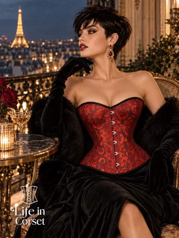 Corset de soirée rouge et noir (assis) Corset de soirée rouge et noir