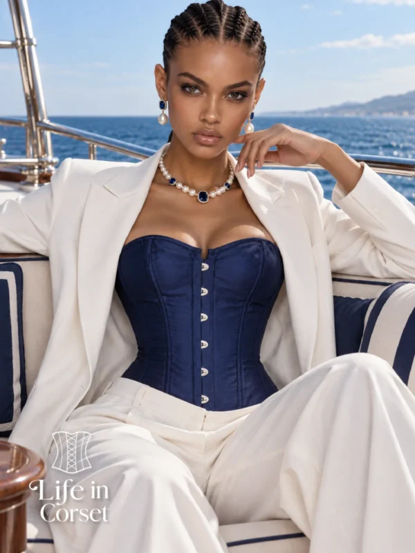 Corset en satin bleu nuit