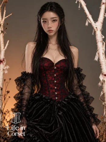 Corset gothique rouge et dentelle noire (vue de face) Corset gothique rouge et dentelle noire