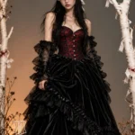 Corset gothique rouge et dentelle noire (vue plain pied) Corset gothique rouge et dentelle noire