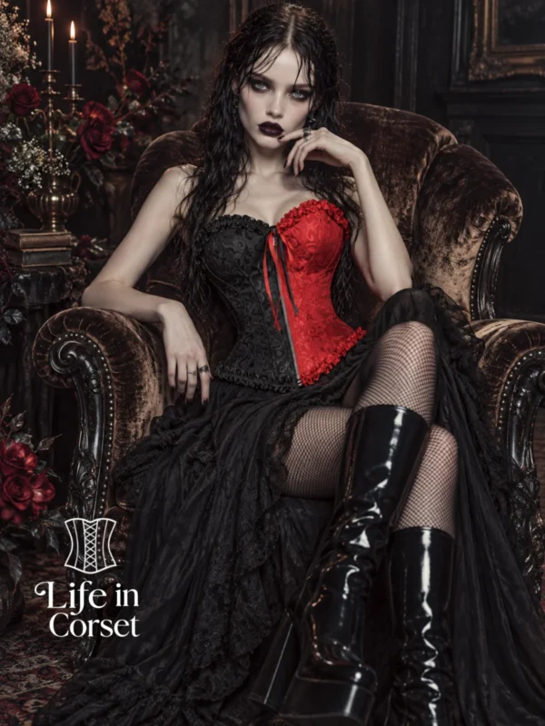 Corset gothique rouge et noir à zip frontal (1) Corset gothique rouge et noir à zip frontal