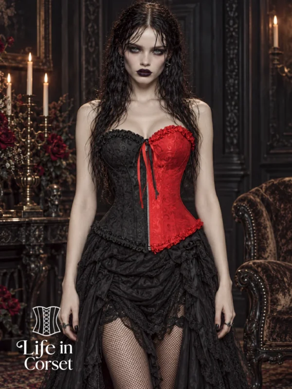 Corset gothique rouge et noir à zip frontal (4) Corset gothique rouge et noir à zip frontal