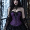 Corset gothique violet à lacets et rubans noirs (vue de face) Corset gothique violet à lacets et rubans noirs