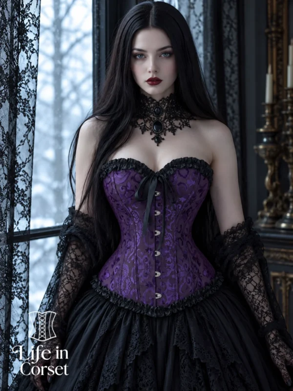 Corset gothique violet à lacets et rubans noirs (vue de face) Corset gothique violet à lacets et rubans noirs