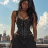 Corset lacé noir à bretelles et zip latéral