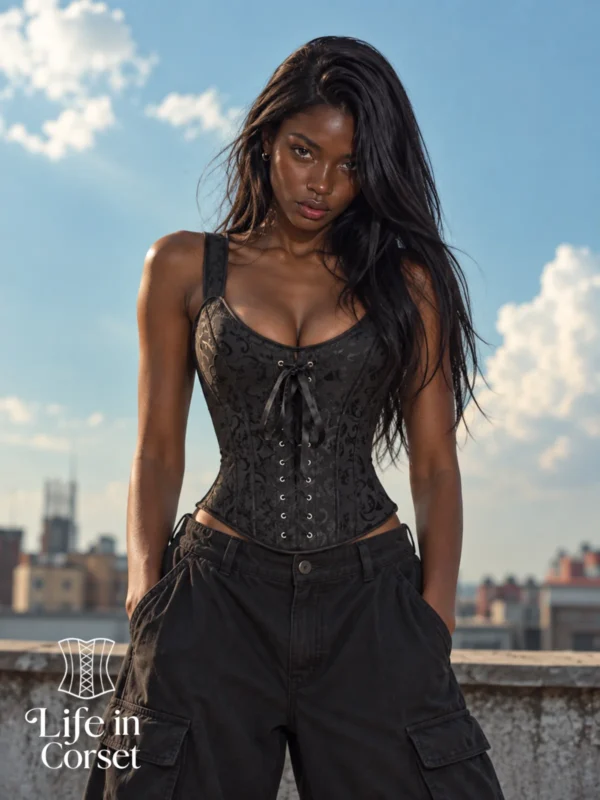 Corset lacé noir à bretelles et zip latéral