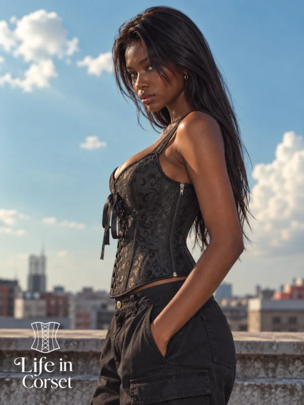 Corset lacé noir à bretelles et zip latéral