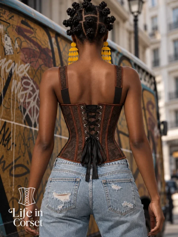 Corset marron à bretelles et motifs cachemir (vue de dos) Corset marron à bretelles et motifs cachemir