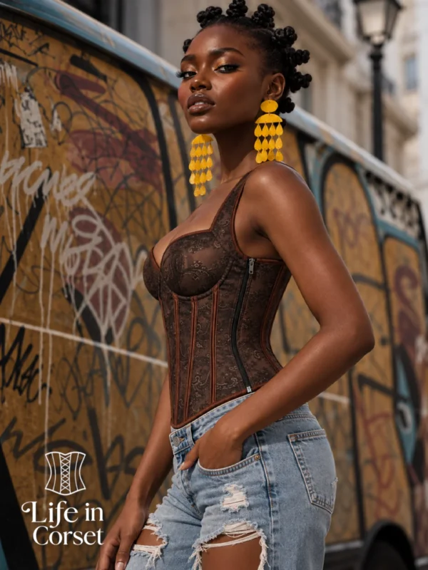 Corset marron à bretelles et motifs cachemir (vue de profil) Corset marron à bretelles et motifs cachemir