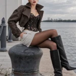 Corset noir en résille ajourée (vue assis) Corset noir en résille ajourée