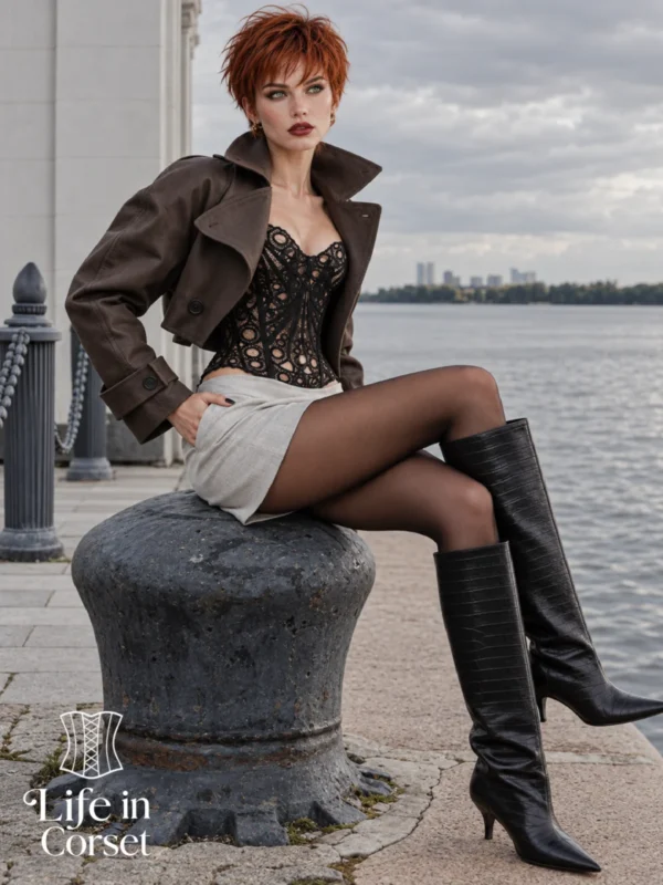 Corset noir en résille ajourée (vue assis) Corset noir en résille ajourée