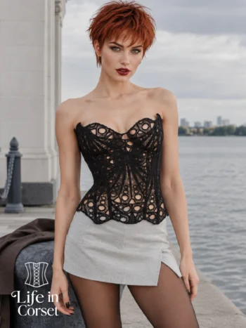 Corset noir en résille ajourée