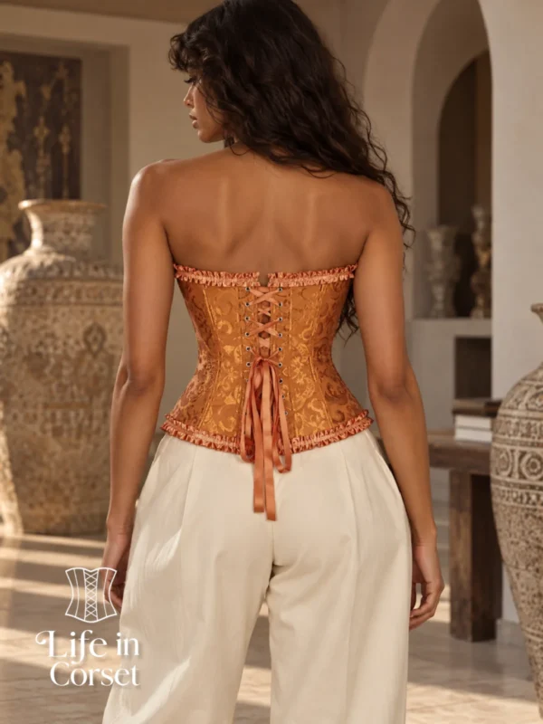 Corset orange cuivré à motifs floraux et zip frontal