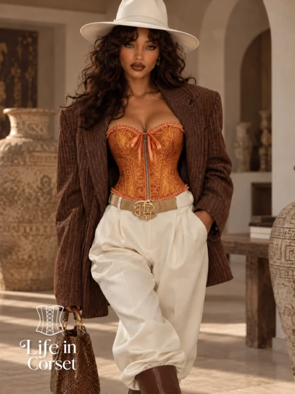 Corset orange cuivré à motifs floraux et zip frontal