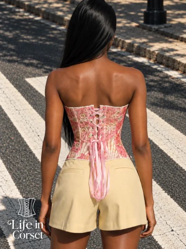 Corset rose en résille ajourée (vue de dos) Corset rose en résille ajourée