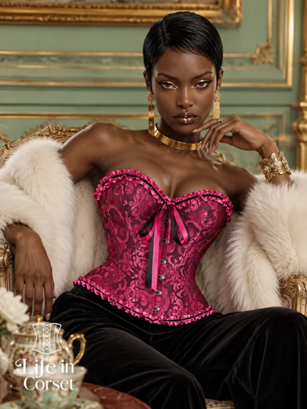 Corset rose et noir chic à rubans (vue assis) Corset rose et noir chic à rubans