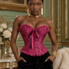 Corset rose et noir chic à rubans (vue de face) Corset rose et noir chic à rubans