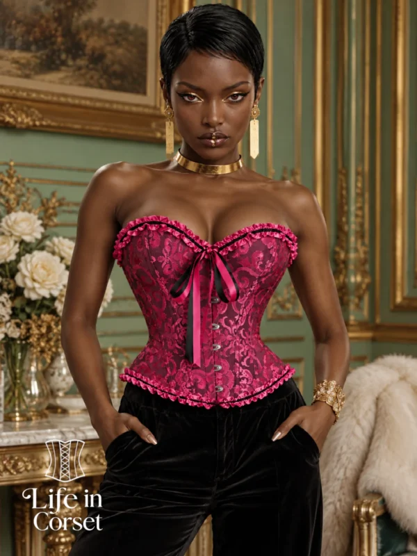Corset rose et noir chic à rubans (vue de face) Corset rose et noir chic à rubans
