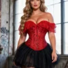 Corset rouge à manches Bardot en dentelle (1) Corset rouge à manches Bardot en dentelle