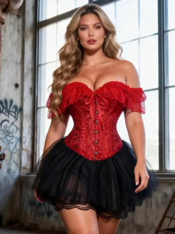 Corset rouge à manches Bardot en dentelle (1) Corset rouge à manches Bardot en dentelle