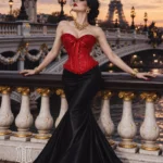 Corset rouge glamour en jacquard fleuri