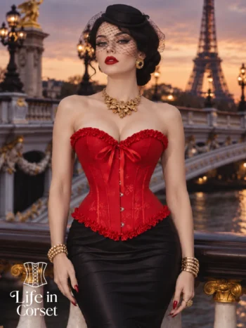 Corset rouge glamour en jacquard fleuri