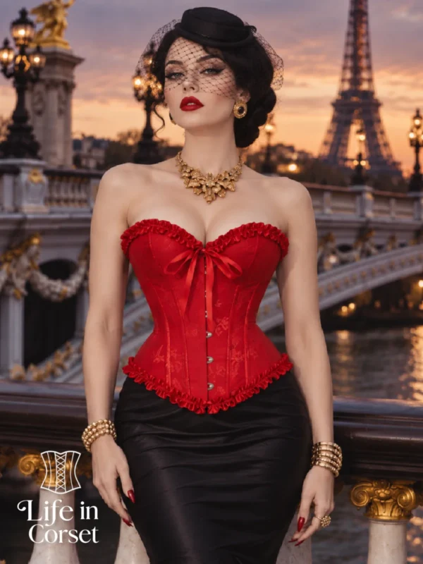 Corset rouge glamour en jacquard fleuri