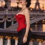 Corset rouge glamour en jacquard fleuri
