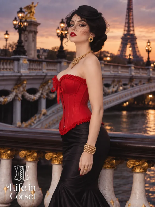 Corset rouge glamour en jacquard fleuri