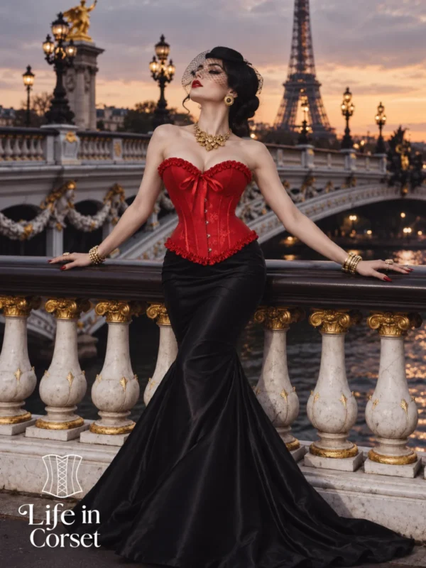 Corset rouge glamour en jacquard fleuri
