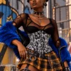 Corset serre-taille noir à motifs têtes de mort (face) Corset serre-taille noir à motifs têtes de mort