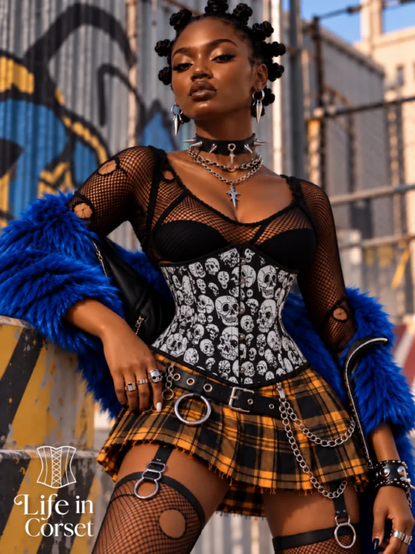 Corset serre-taille noir à motifs têtes de mort (face) Corset serre-taille noir à motifs têtes de mort
