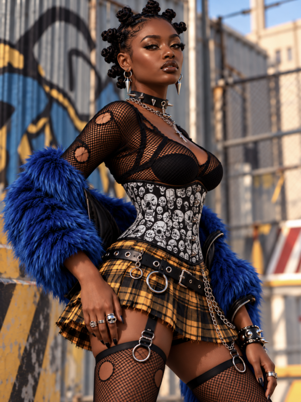 Corset serre-taille noir à motifs têtes de mort (vue de profil) Corset serre-taille noir à motifs têtes de mort