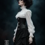Corset sous-poitrine noir gothique à fermoirs métalliques (vud de profil) Corset sous-poitrine noir gothique à fermoirs métalliques