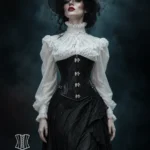 Corset sous-poitrine noir gothique à fermoirs métalliques (vue de face) Corset sous-poitrine noir gothique à fermoirs métalliques